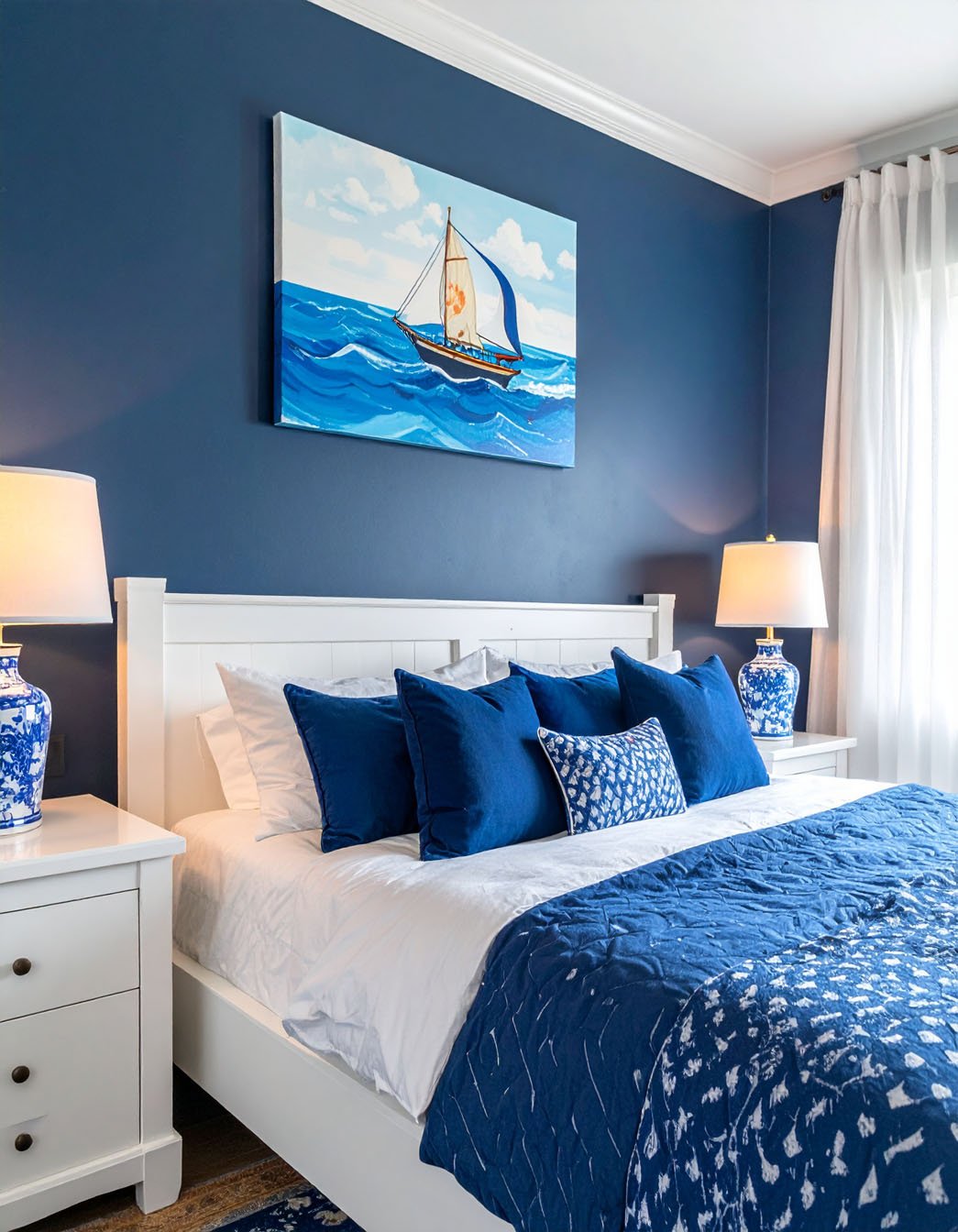 Chambre avec murs bleu marine, lit blanc, coussins et tableau de voilier