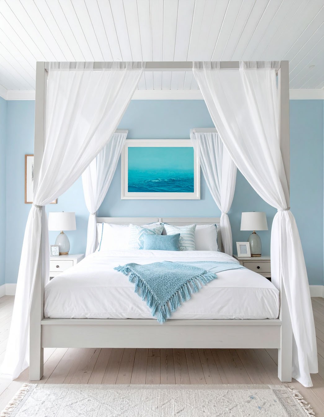 Chambre avec lit à baldaquin gris clair, voilages blancs et murs bleu pastel