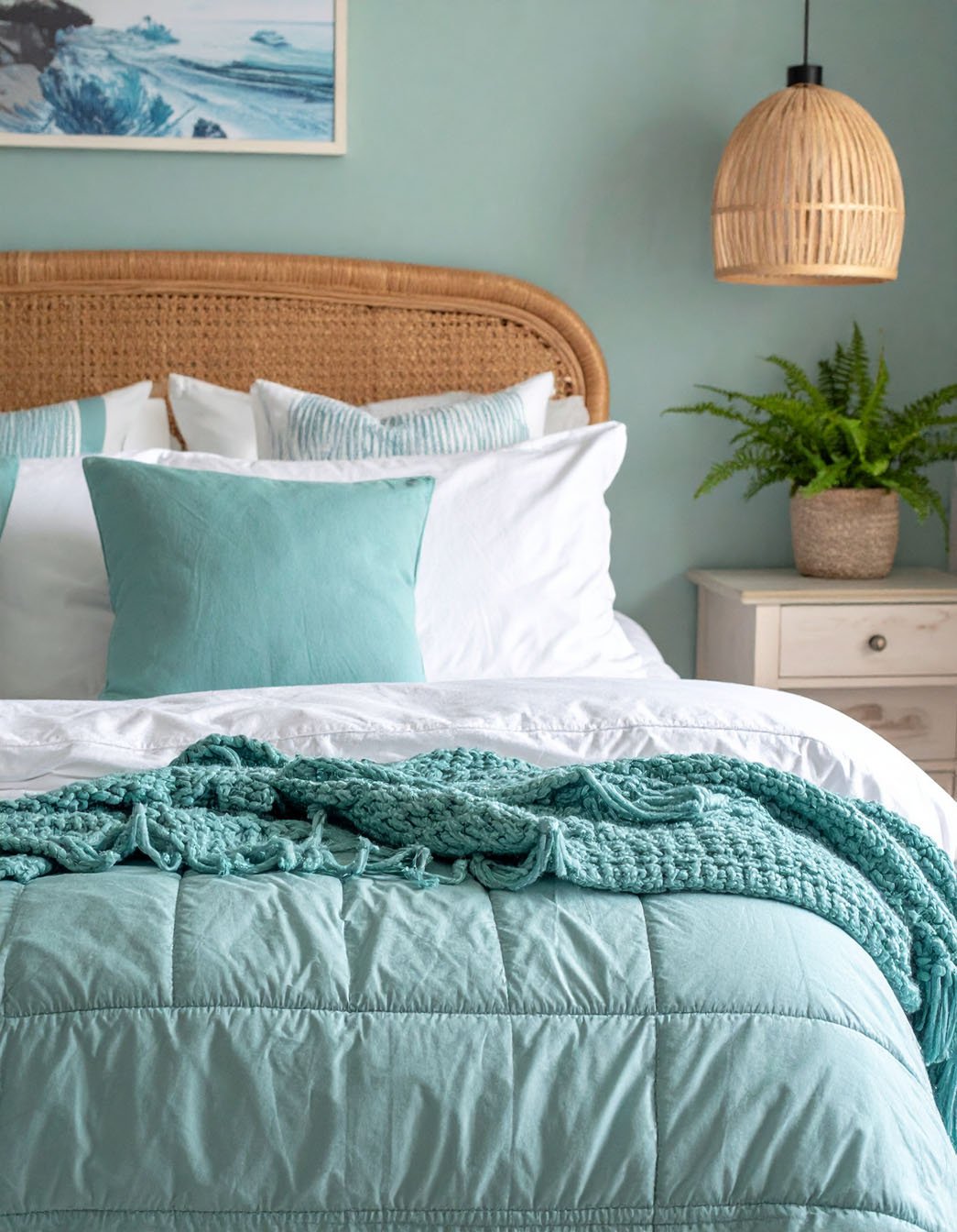 Chambre avec tête de lit en rotin, literie bleu-vert, suspension en fibres naturelles