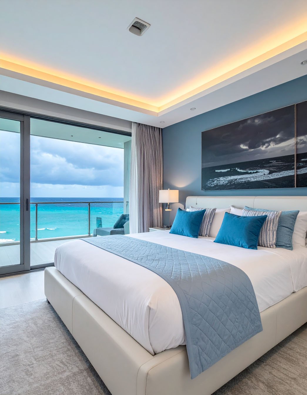 Suite avec grand lit blanc, coussins bleus, baie vitrée vue sur mer turquoise