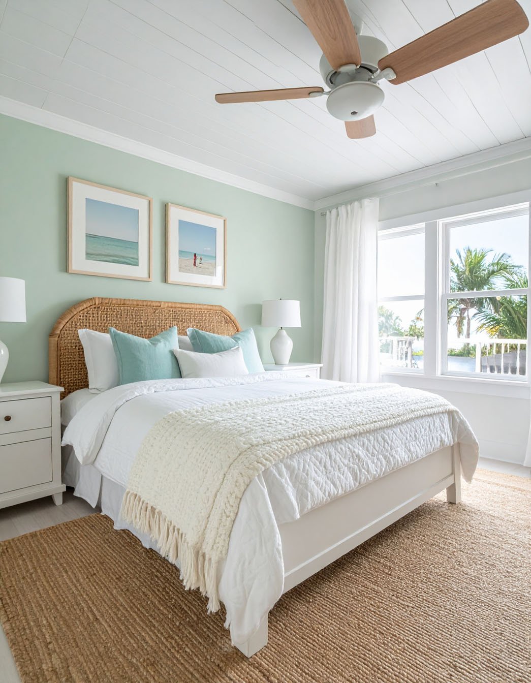 Chambre murs vert d'eau, lit blanc et rotin, plaid tricoté, tapis en jute