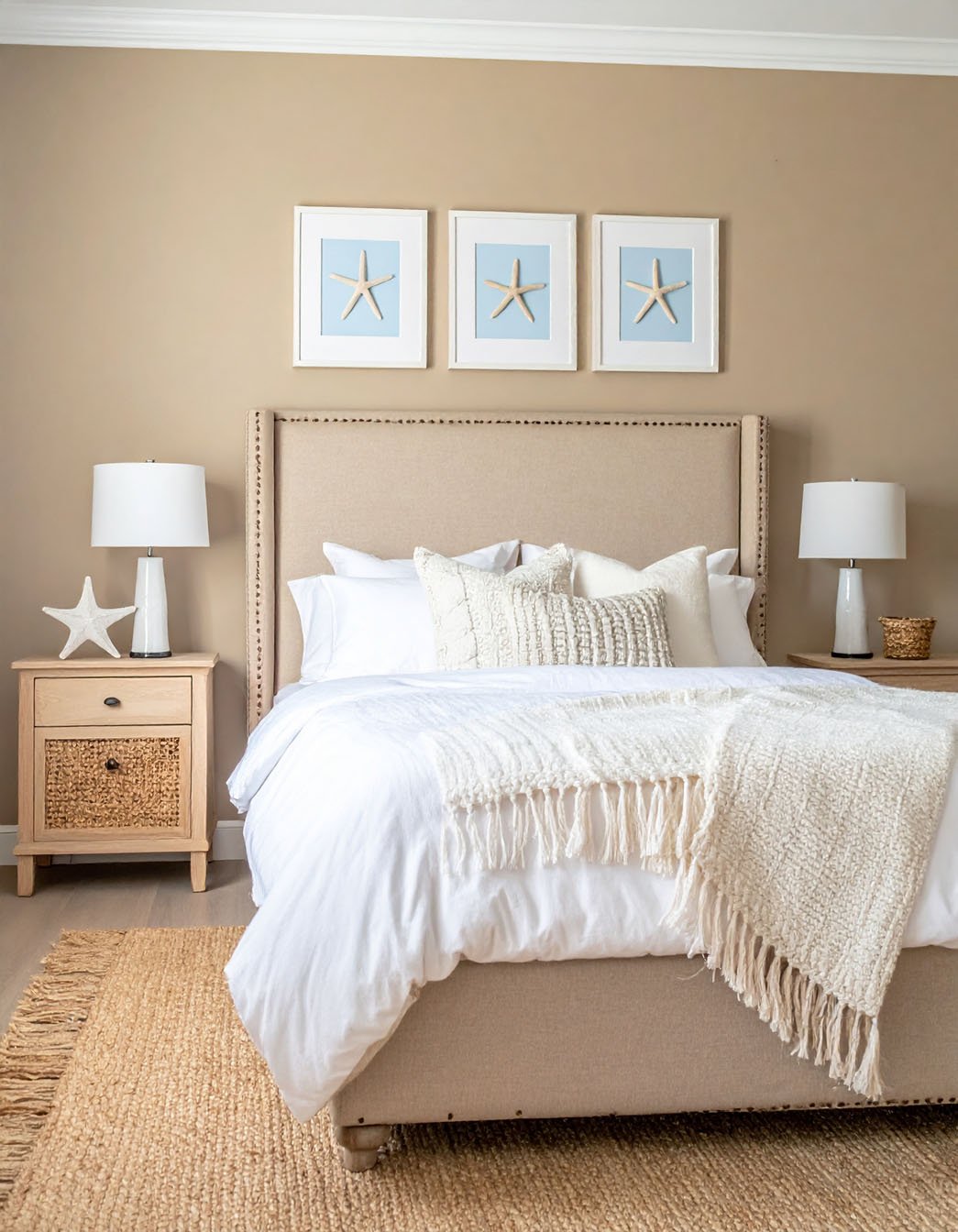 Chambre tons sable, lit avec plaid blanc, cadres d'étoiles de mer