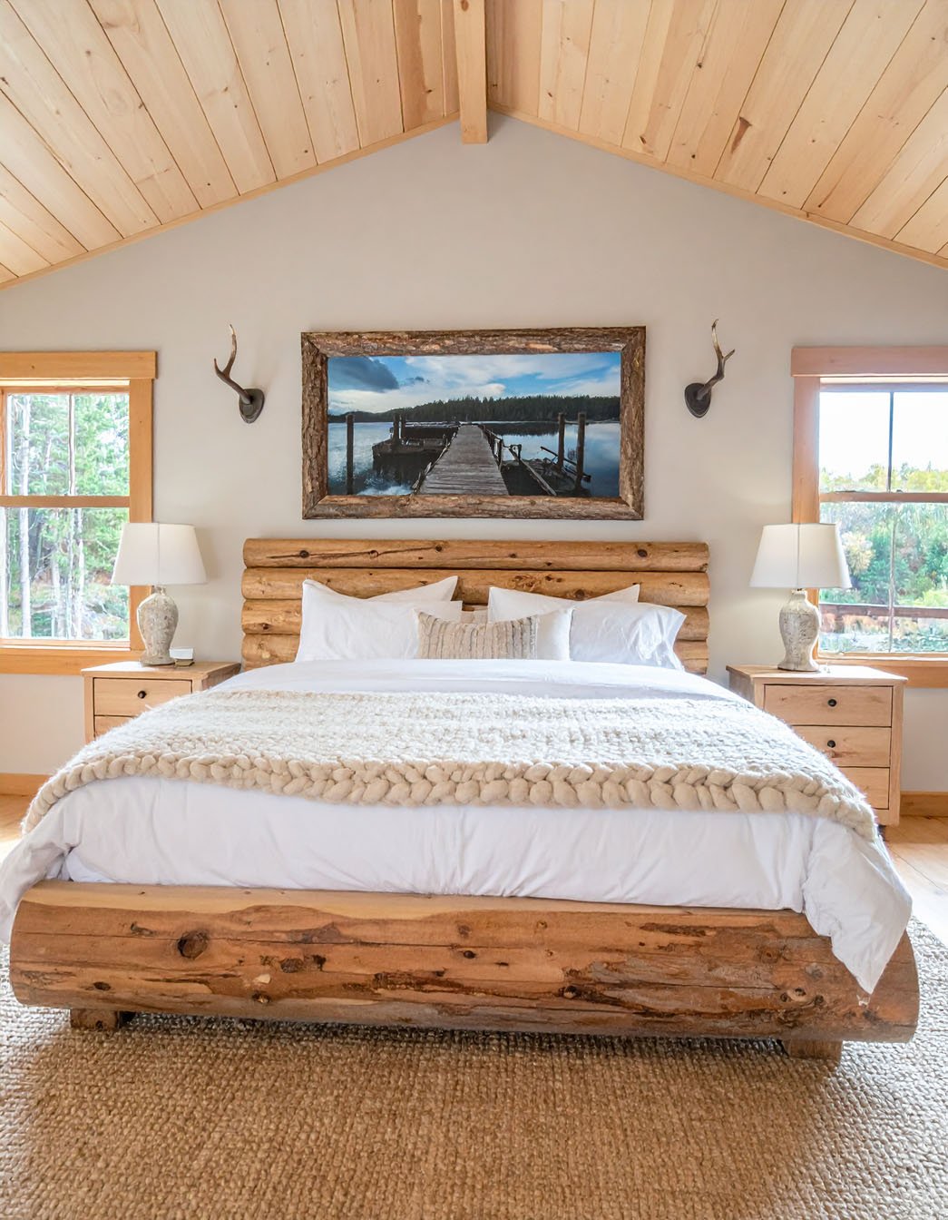Chambre style chalet avec lit en rondins, grand plaid, tableau de ponton