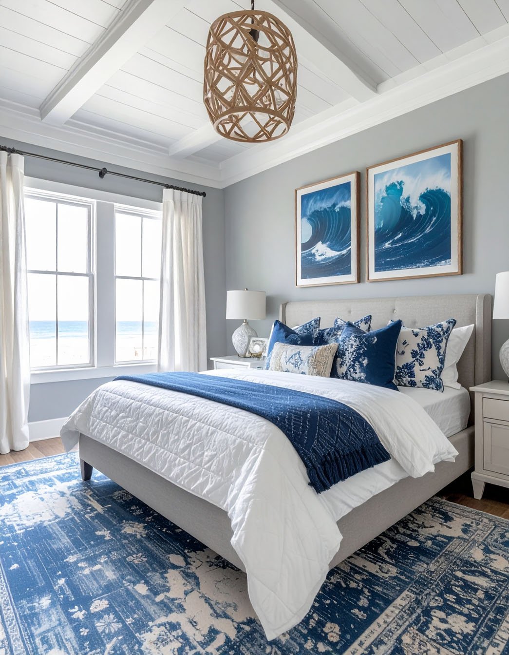 Chambre avec murs gris, lit avec literie bleue et blanche, tableaux de vagues
