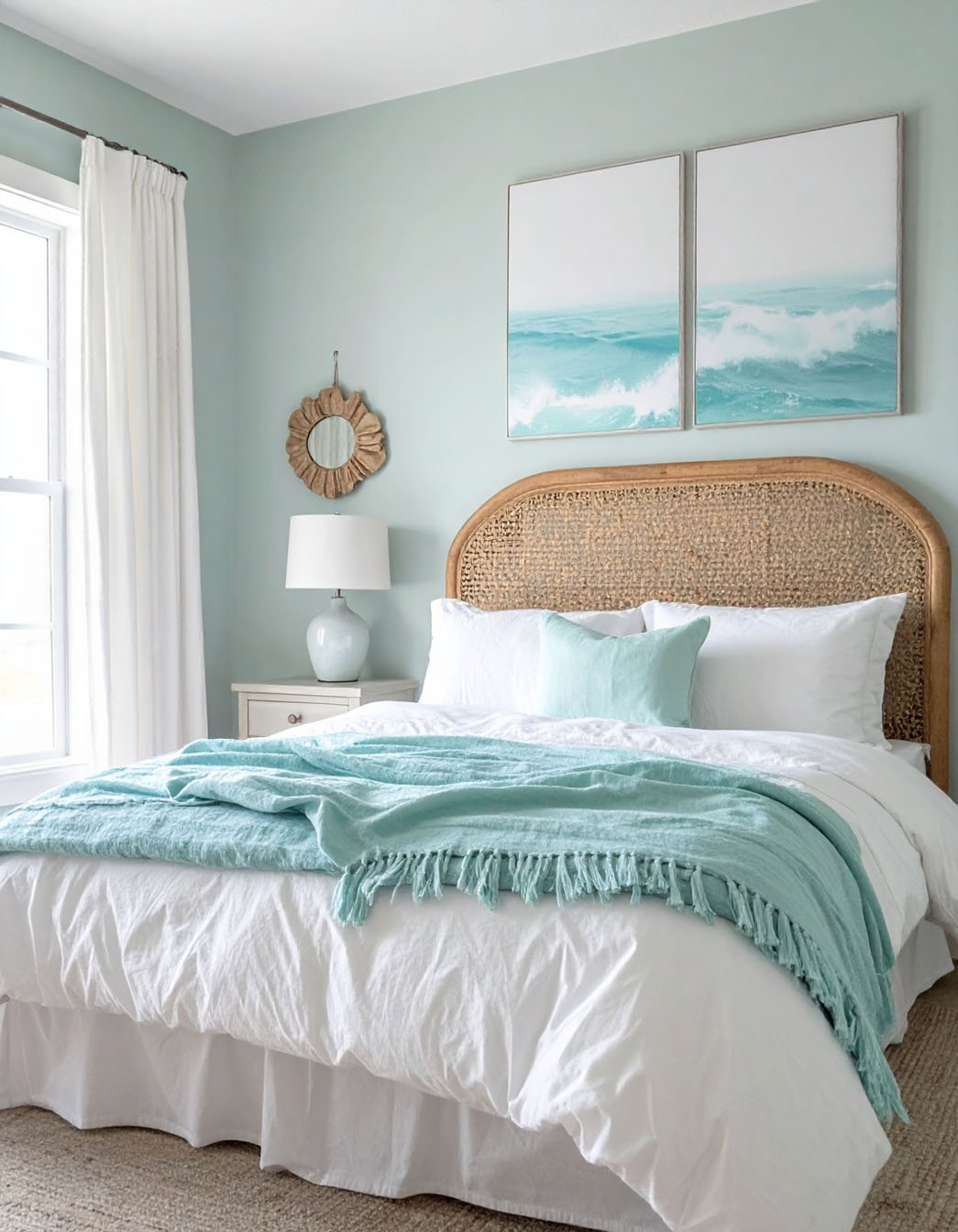 Chambre murs vert d'eau, lit avec tête en rotin, plaid turquoise, tableaux océaniques