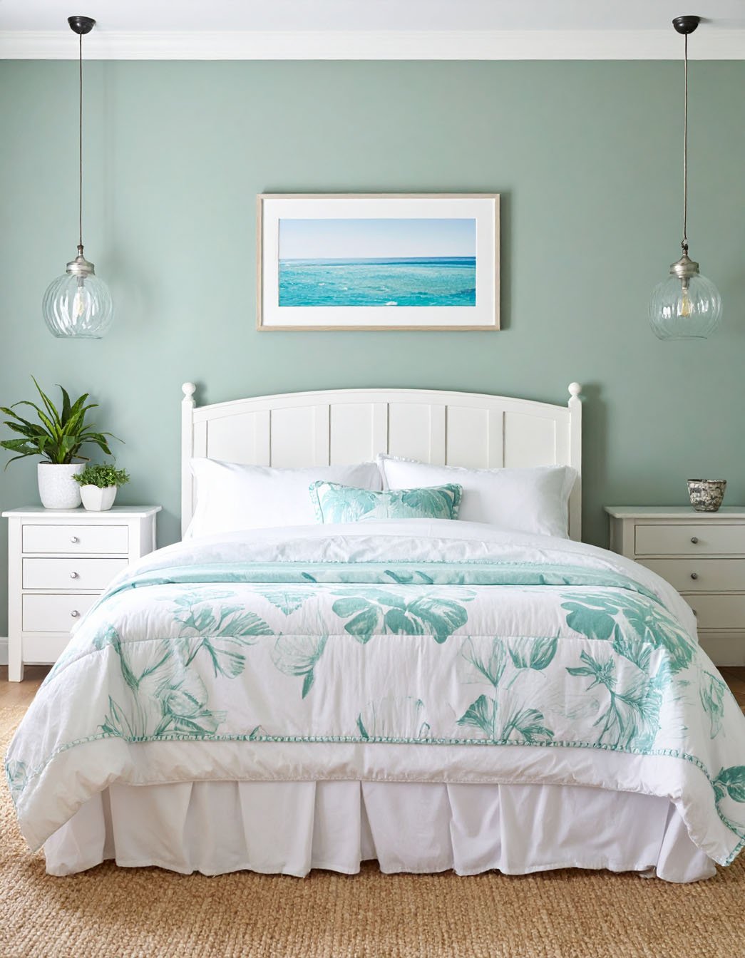 Chambre murs vert d'eau, lit blanc, parure à motifs végétaux, suspensions en verre