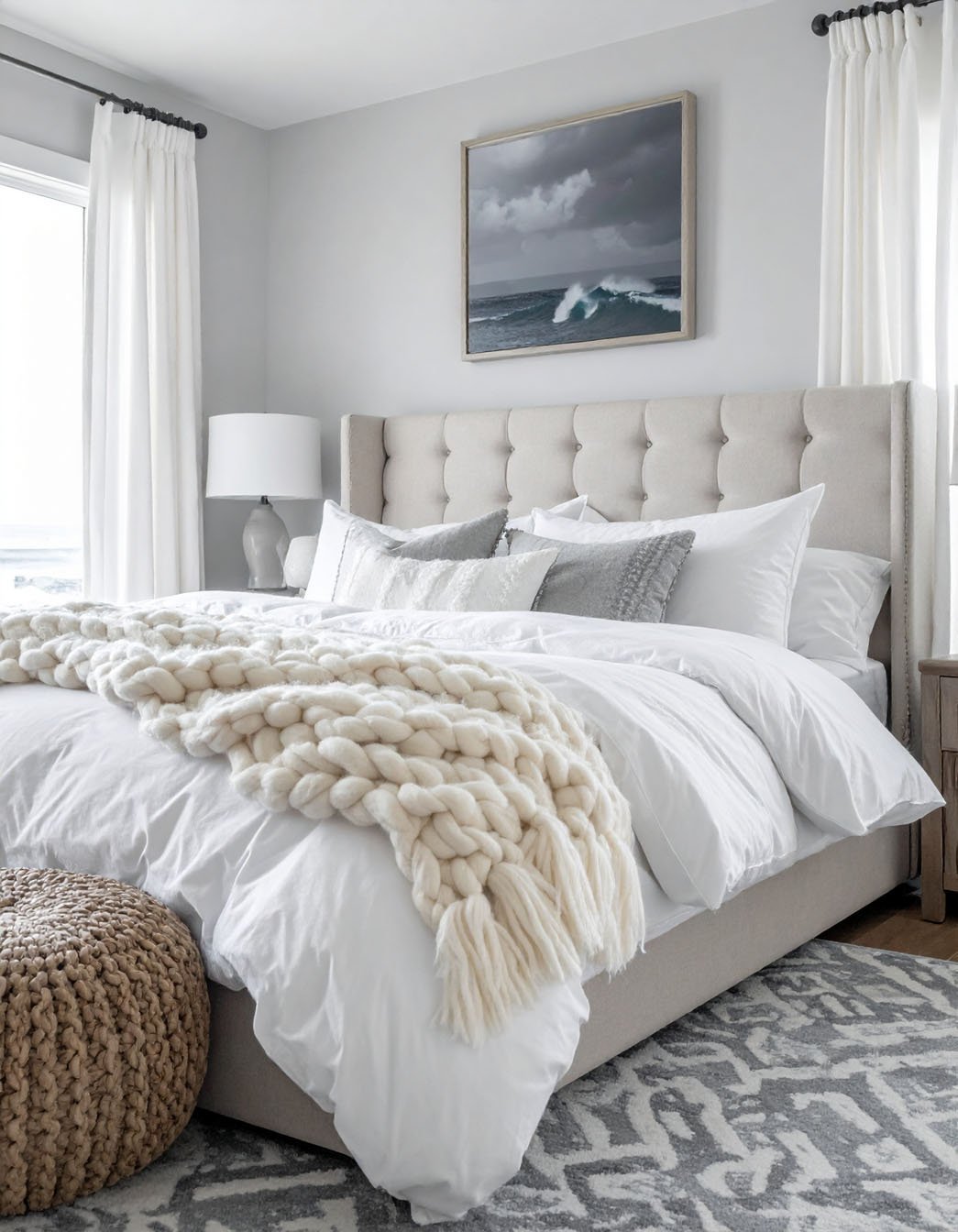 Chambre avec tête de lit capitonnée beige, gros plaid en tricot, pouf en jute