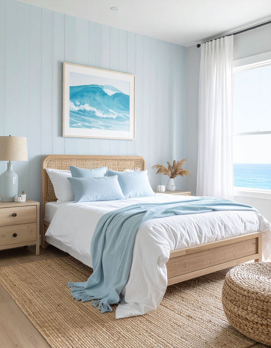 Chambre lumineuse avec lambris bleu clair, lit en bois et rotin, vue sur mer
