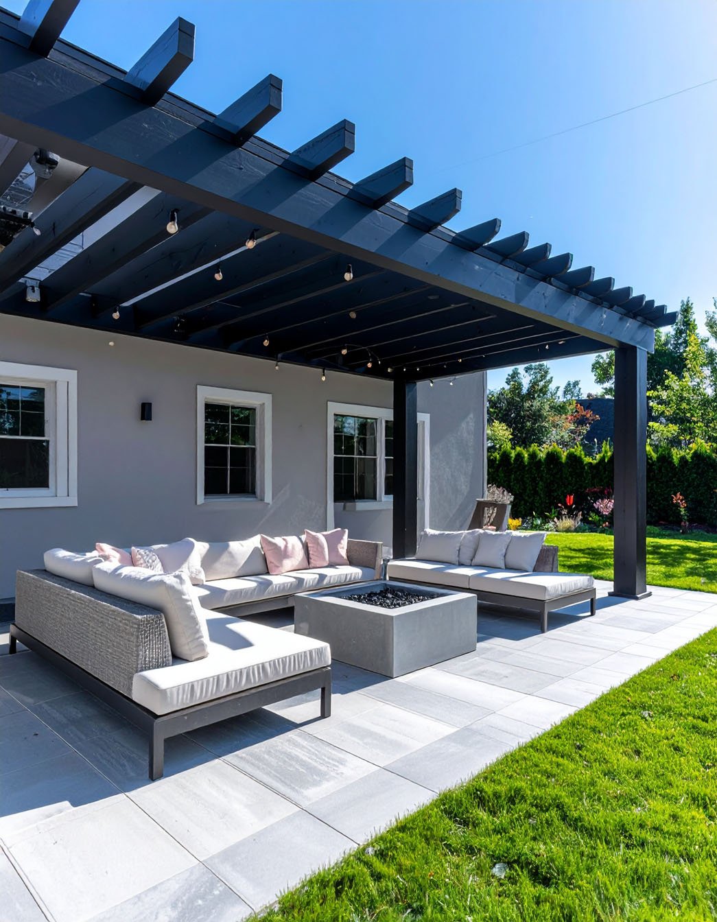 Terrasse moderne avec pergola noire, canapés gris et foyer