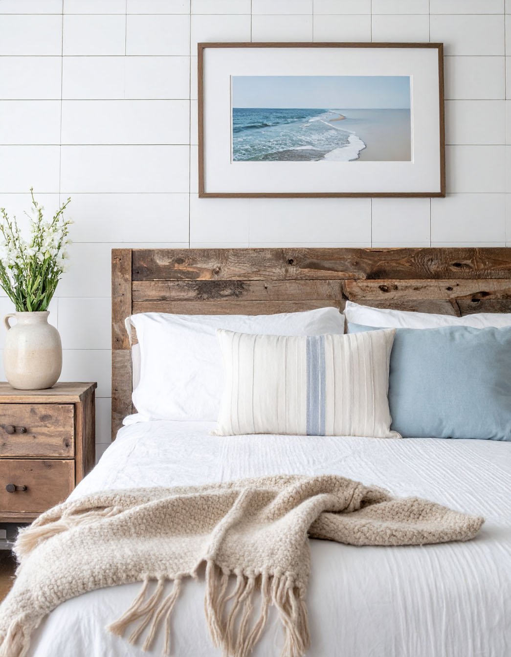 Chambre avec tête de lit en bois rustique, plaid beige, mur carrelé blanc