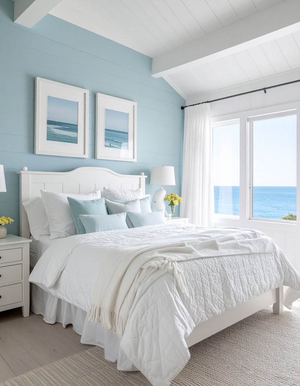 Chambre avec lambris bleu ciel, lit blanc, vue mer, tableaux de plage
