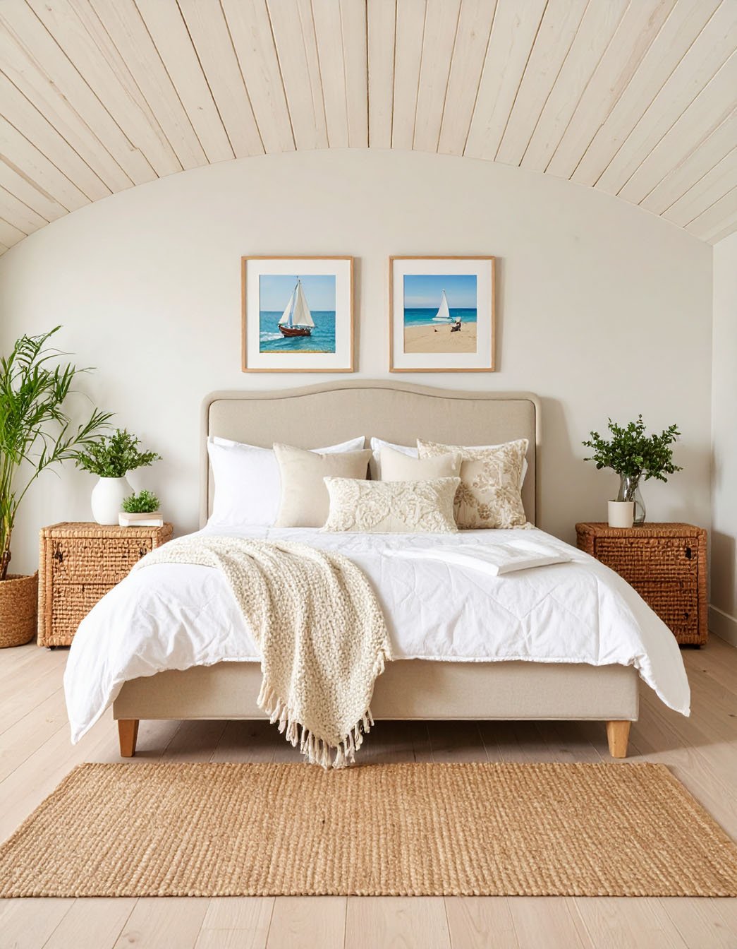 Chambre aux tons neutres, lit beige, tapis en jute, tableaux de voiliers