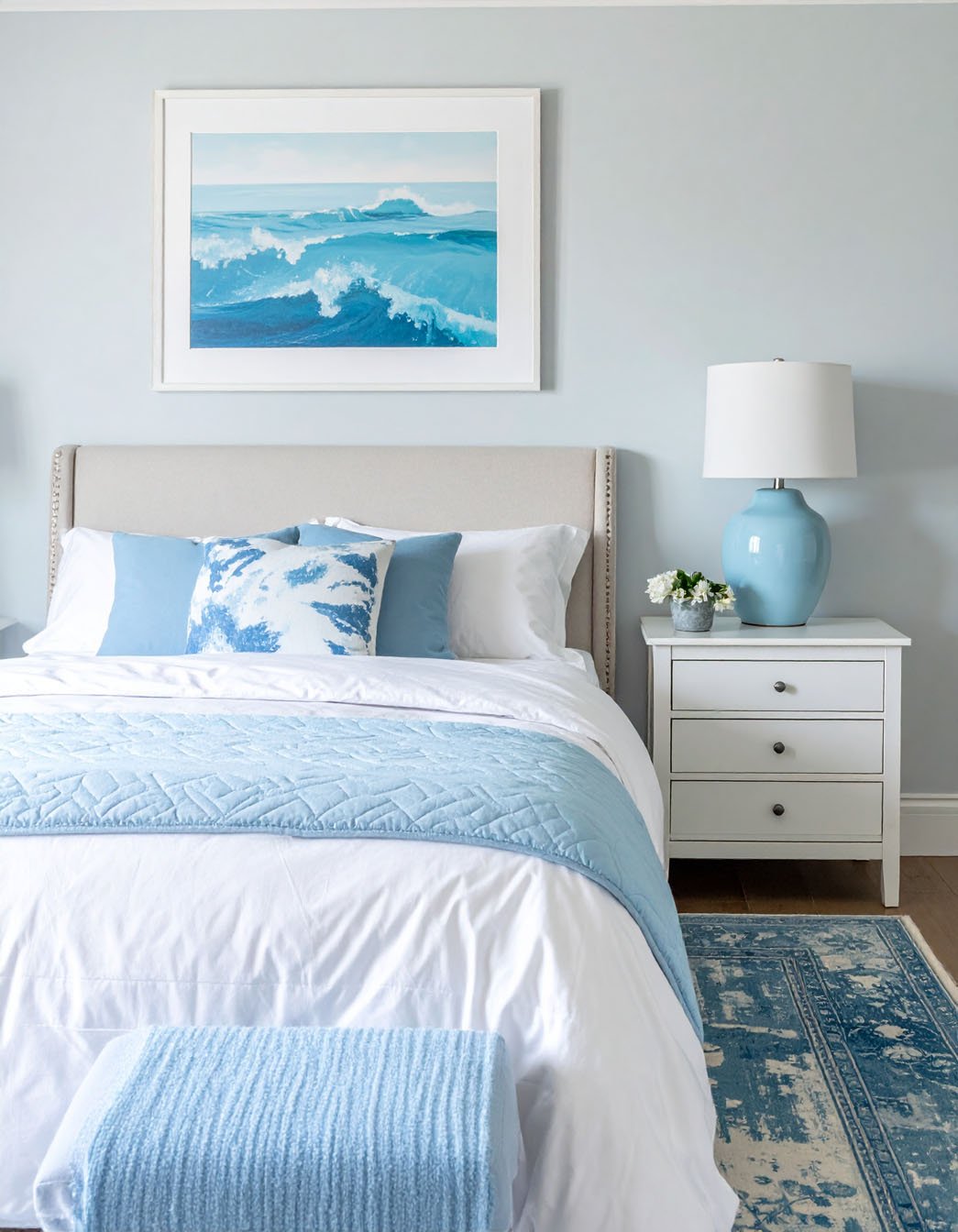 Chambre murs bleu pâle, lit avec literie bleu clair et blanche, tableau de vagues
