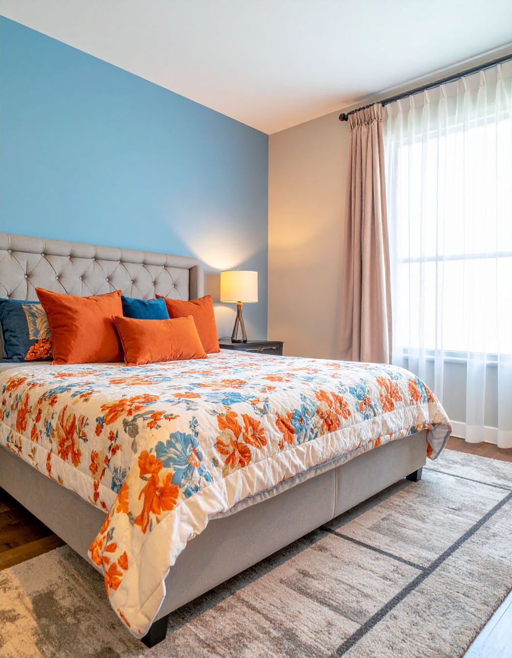 Chambre avec mur d'accent bleu, lit avec coussins orange et parure florale