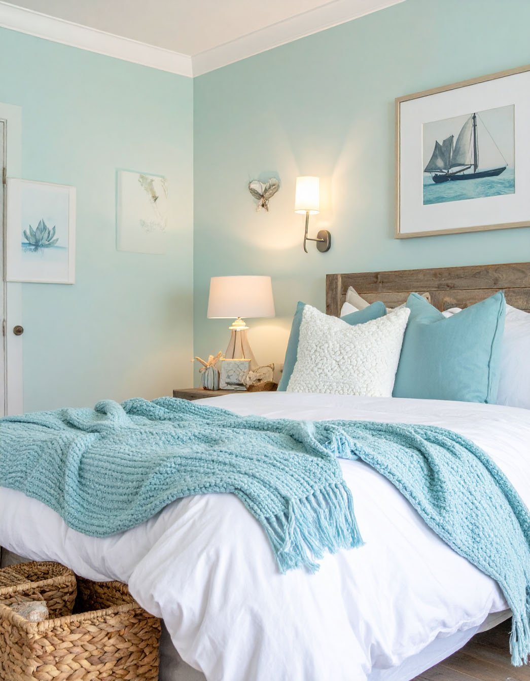 Chambre cottage murs vert d'eau, lit avec plaid turquoise, paniers en osier