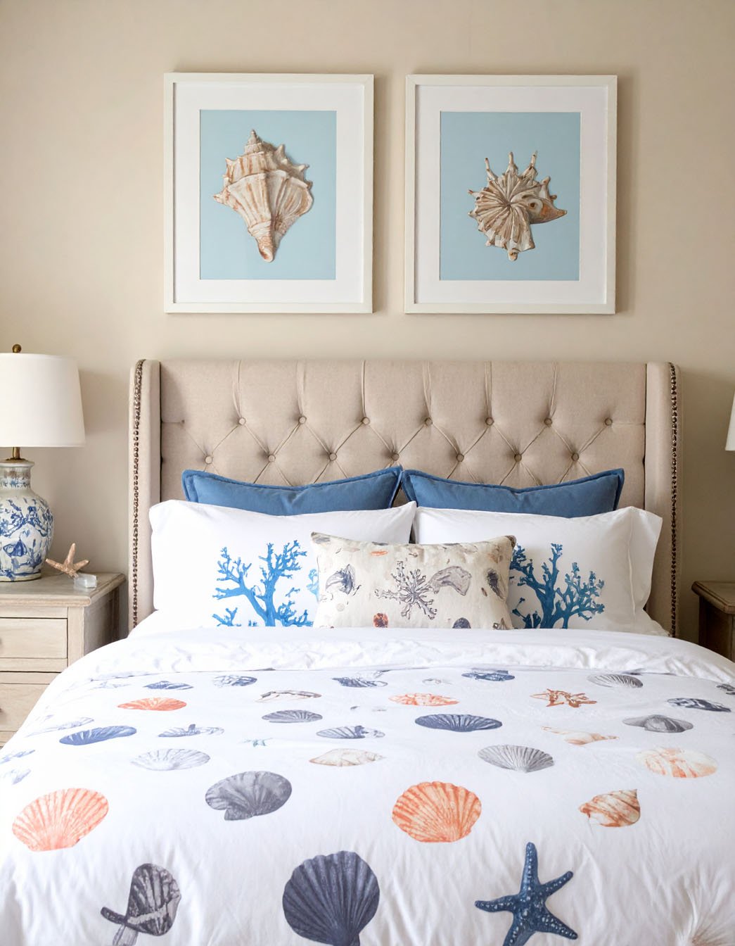 Chambre avec tête de lit capitonnée, parure à motifs coquillages et cadres de coquillages