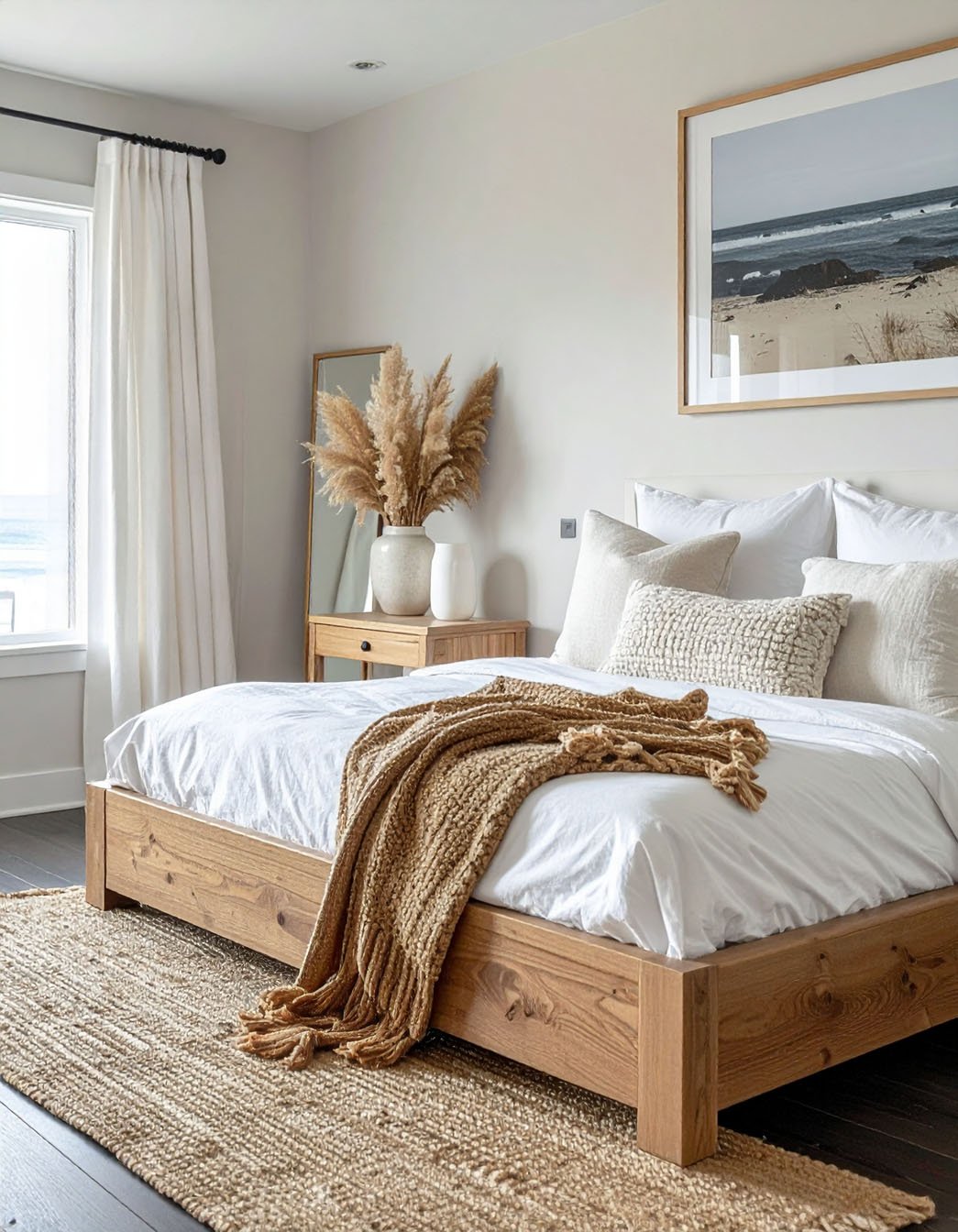 Chambre aux tons neutres, lit en bois, tapis en jute et herbe de la pampa