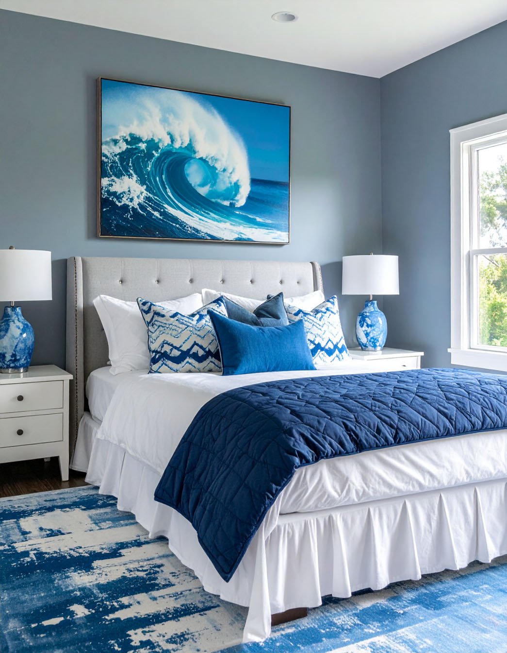 Chambre aux murs gris-bleu, lit avec literie bleu marine et tableau de vague