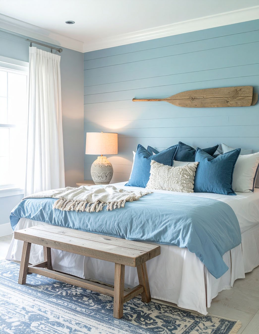 Chambre avec mur en lambris bleu, lit avec coussins bleus et rame décorative