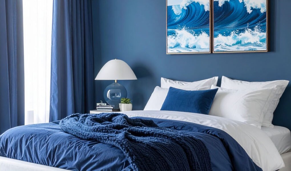 Chambre aux murs et rideaux bleu profond, lit blanc, plaid et tableaux de vagues
