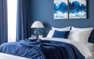 Chambre aux murs et rideaux bleu profond, lit blanc, plaid et tableaux de vagues
