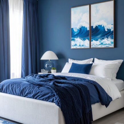 Chambre aux murs et rideaux bleu profond, lit blanc, plaid et tableaux de vagues