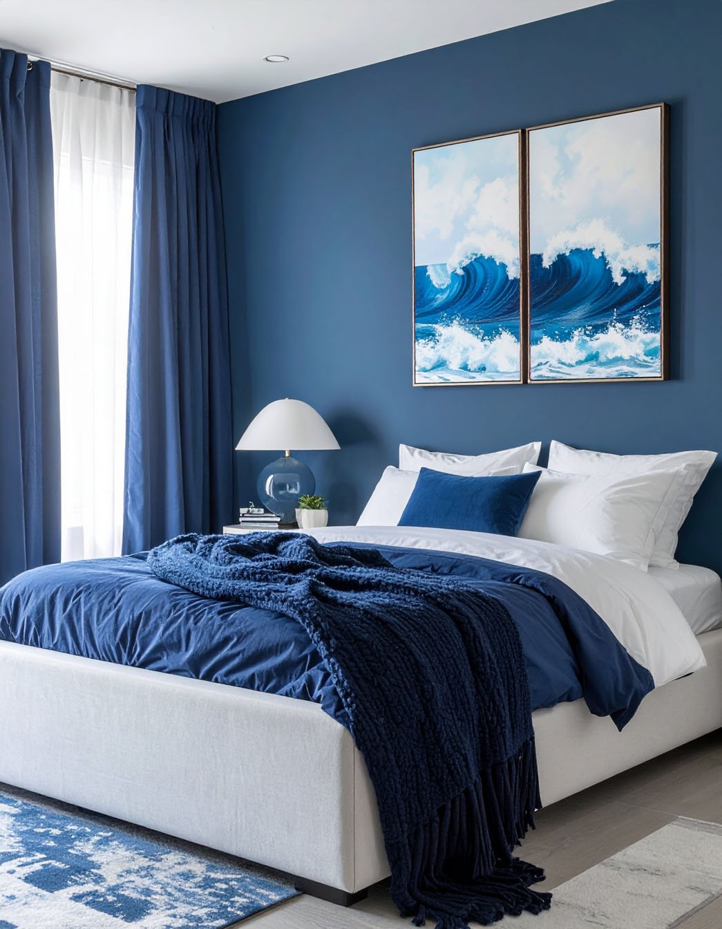 Chambre aux murs et rideaux bleu profond, lit blanc, plaid et tableaux de vagues