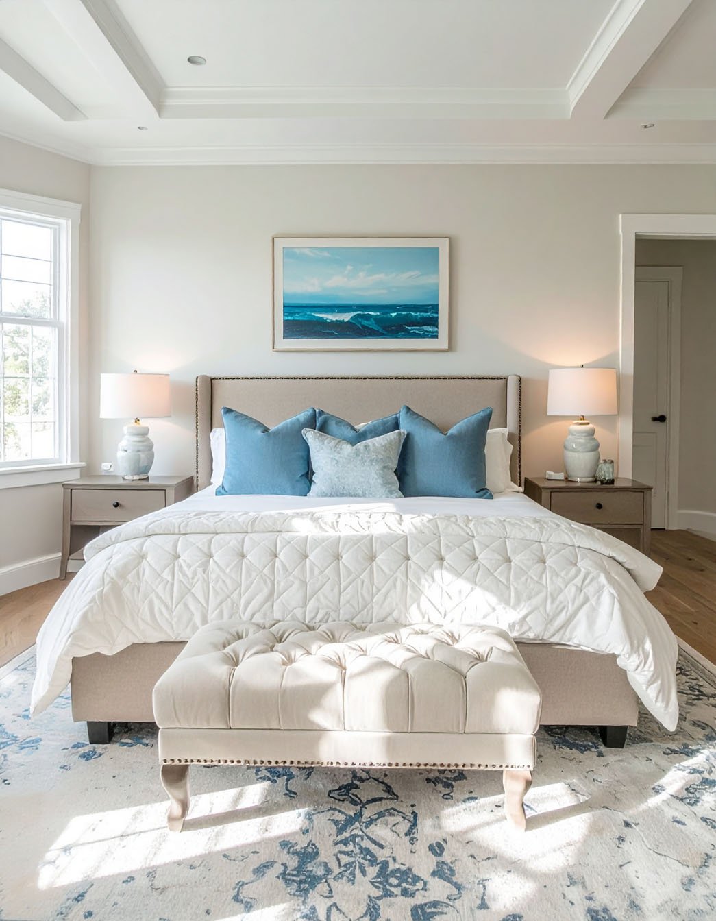 Chambre épurée avec lit beige, coussins bleus, tapis à motifs et tableau marin