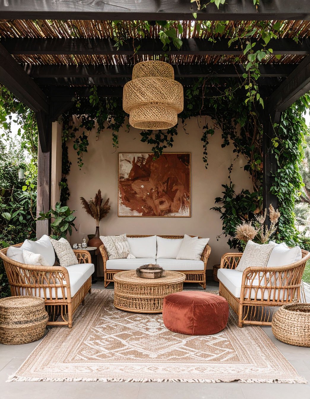 Salon d'extérieur bohème avec mobilier en rotin sous pergola