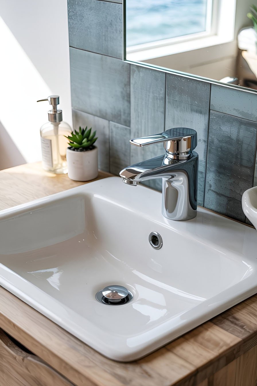 Un lavabo de salle de bain avec un robinet blanc sur un comptoir en bois, décoré