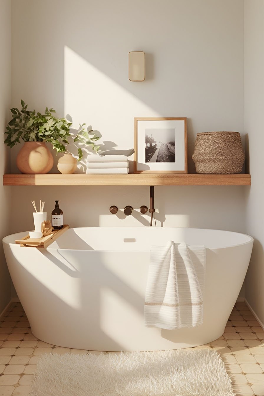 Baignoire îlot blanche dans une salle de bain lumineuse avec étagère en bois