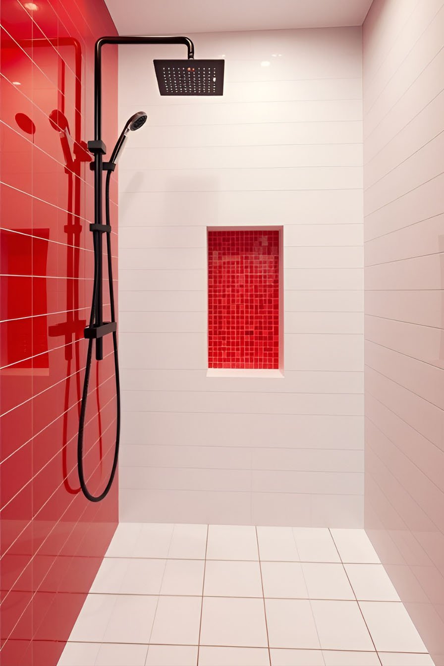Douche avec murs en carrelage rouge et blanc, robinetterie noire
