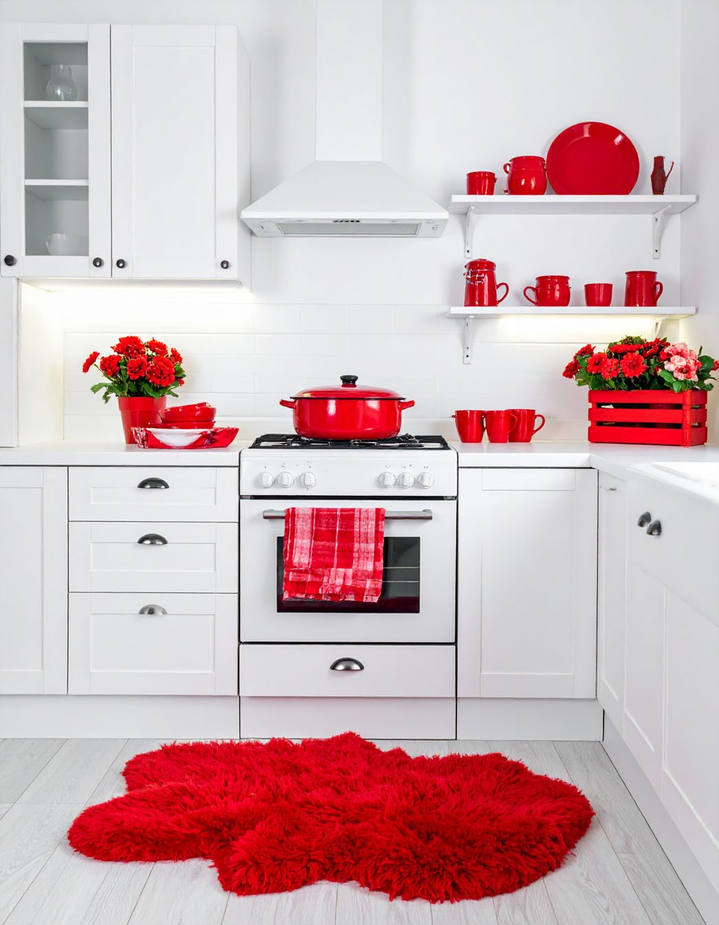 Cuisine blanche avec accents rouges vifs : vaisselle, tapis et fleurs