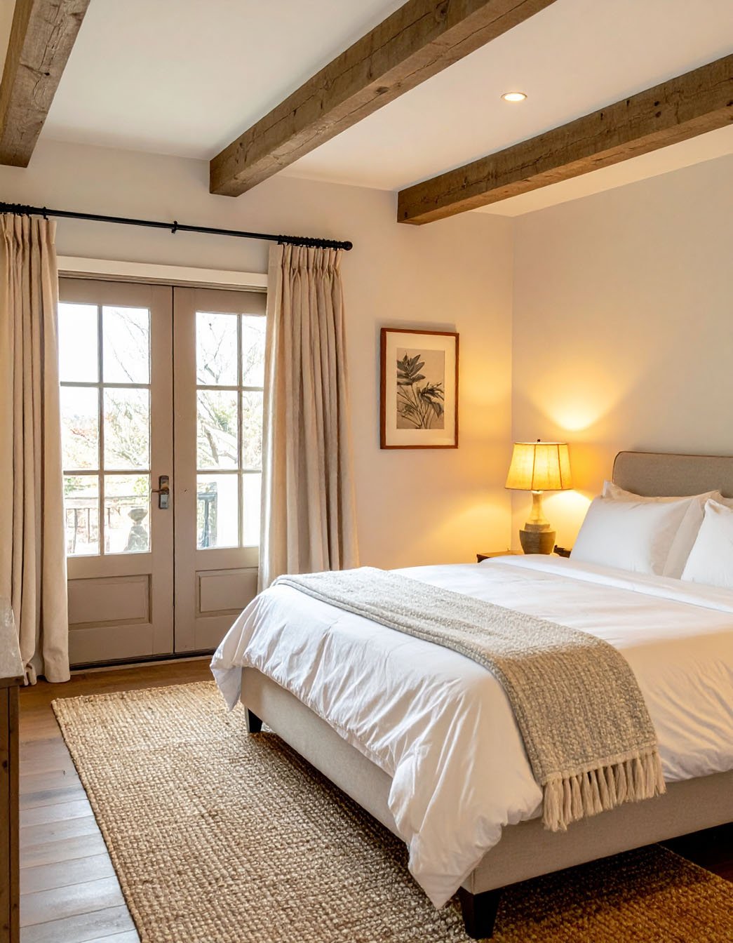 Chambre avec poutres apparentes, lit avec literie blanche, tapis en jute et portes-fenêtres