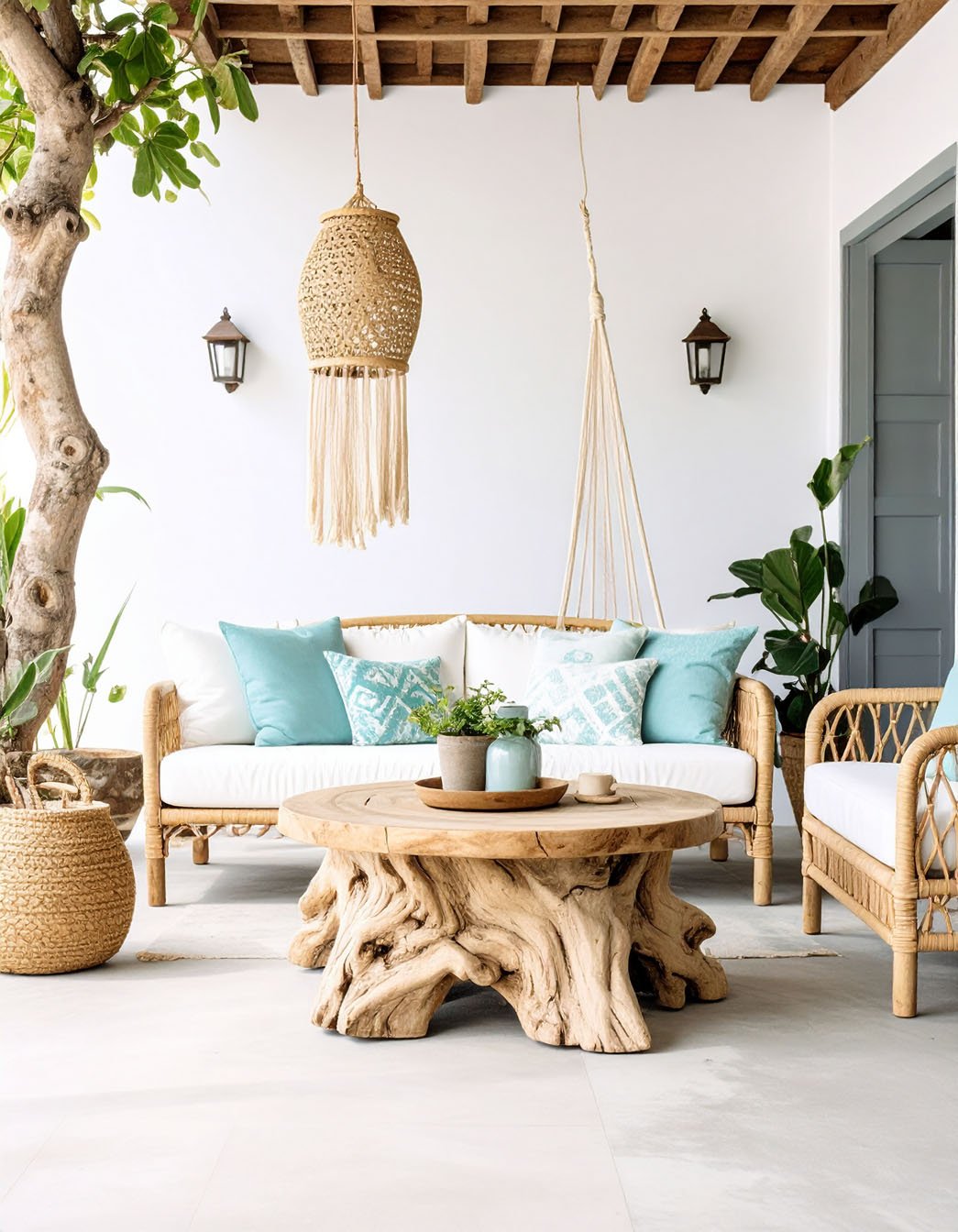 Terrasse de style bohème côtier avec canapé en bois, coussins blancs et tapis en jute