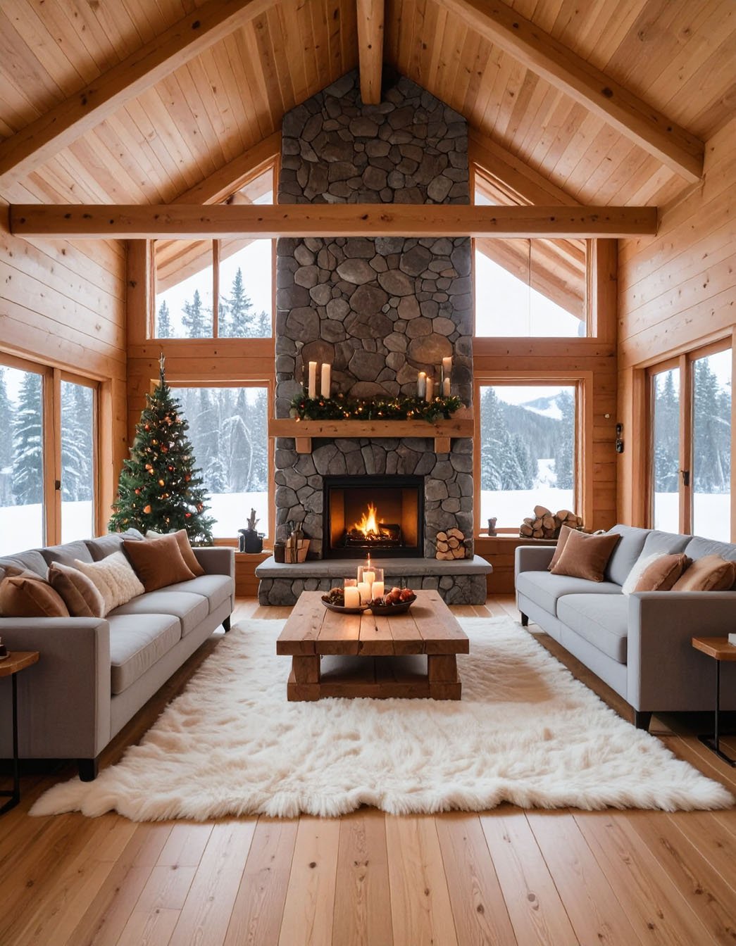 Salon de chalet avec cheminée en pierre, canapés gris et tapis en fausse fourrure blanche