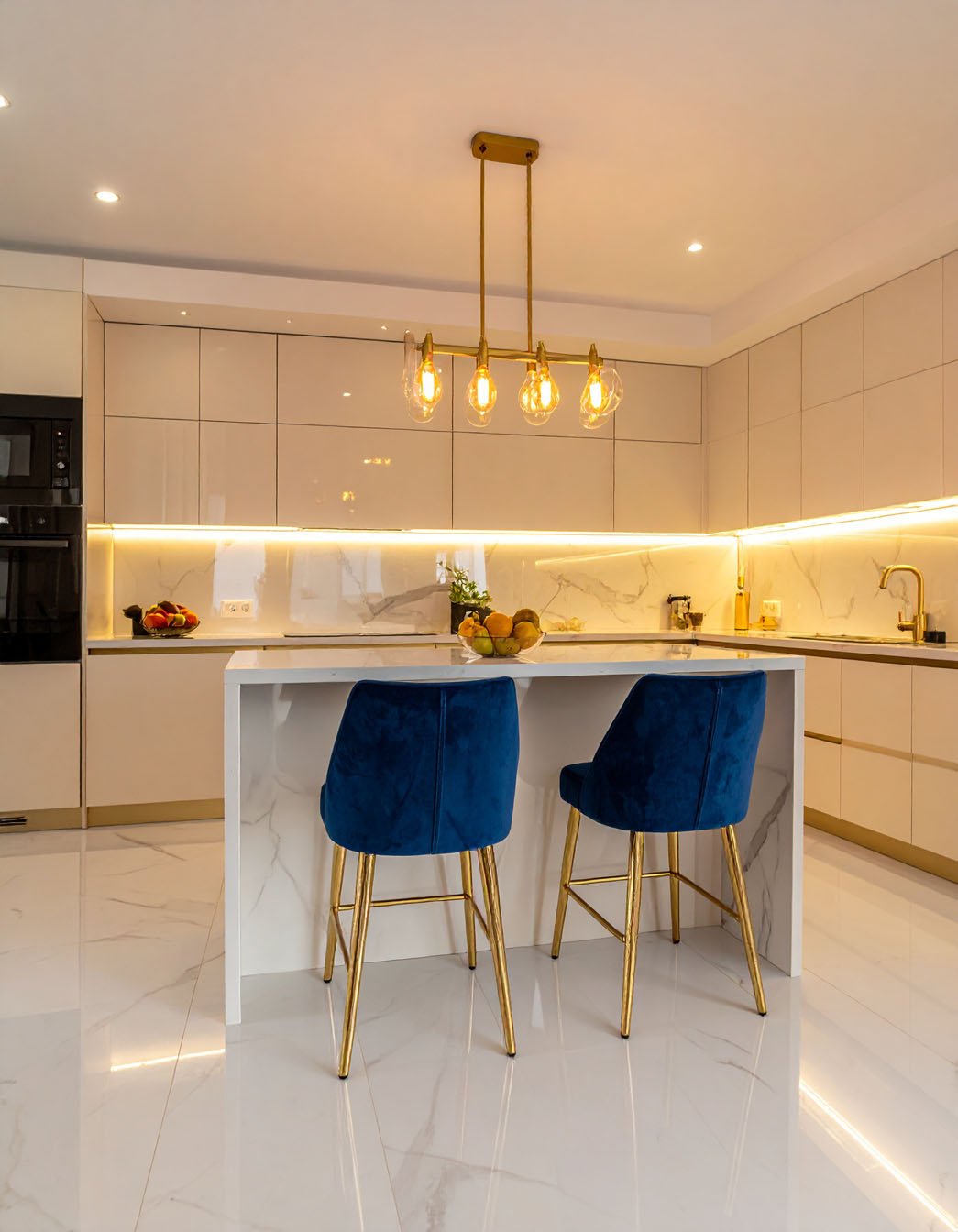 Cuisine moderne avec îlot effet marbre blanc, tabourets en velours bleu et meubles beige laqué