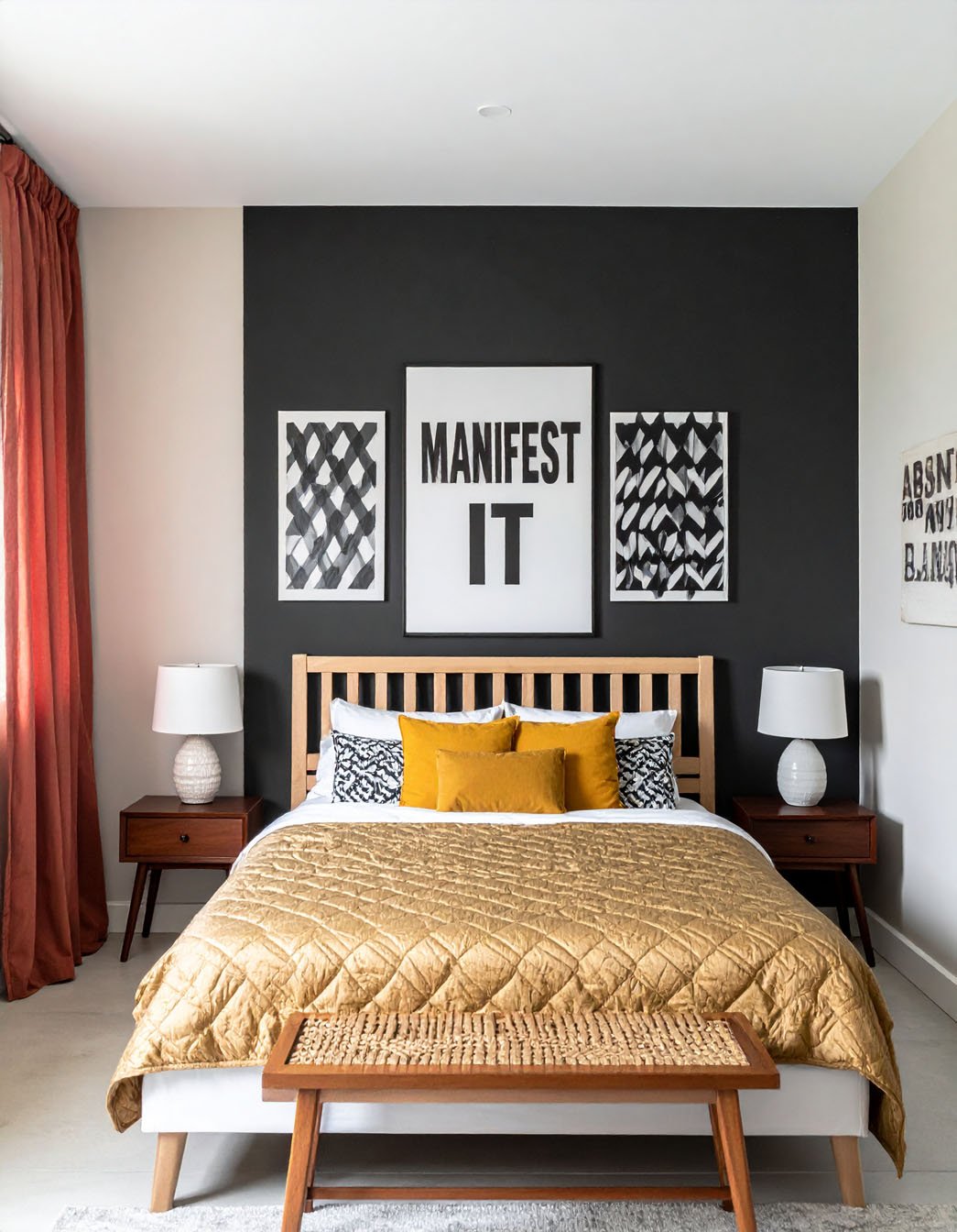 Chambre avec mur d'accent noir, lit en bois clair, couvre-lit doré et affiches graphiques