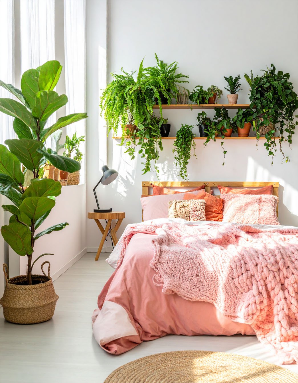 Chambre avec lit et literie roses, nombreuses plantes vertes sur étagères et au sol