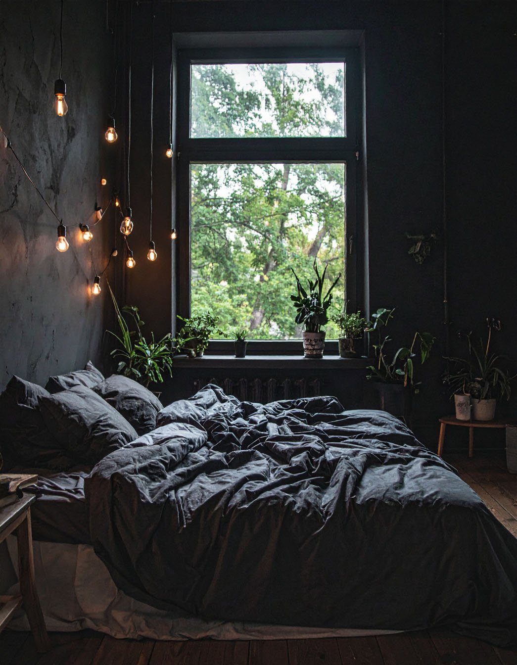 Chambre sombre avec lit défait, guirlandes d'ampoules et plantes sur le rebord de la fenêtre