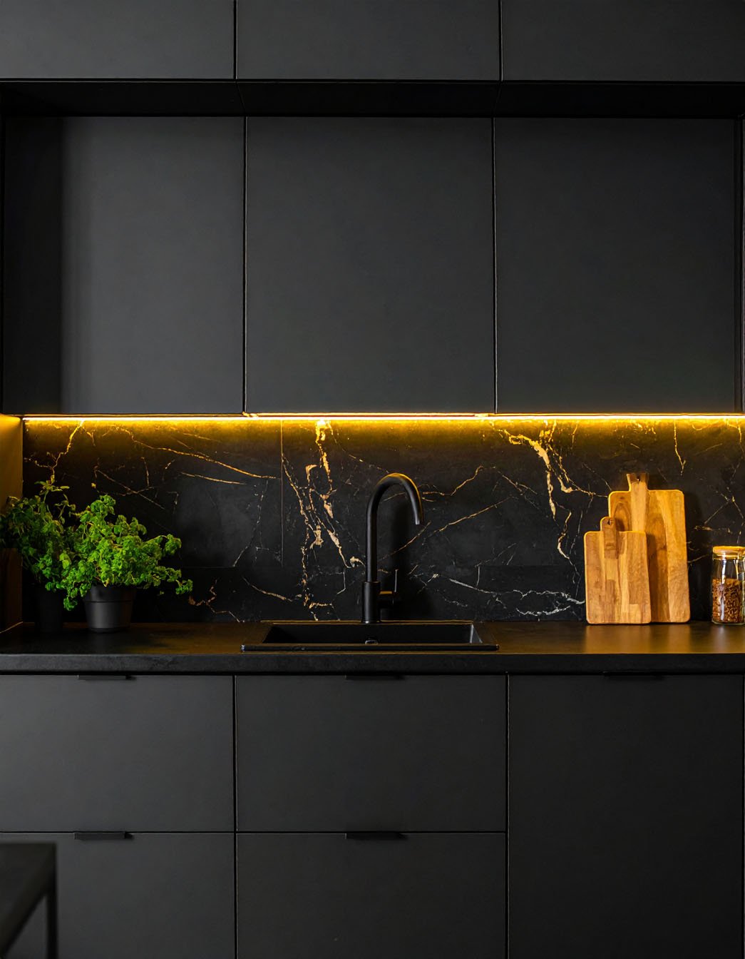 Cuisine noire minimaliste avec crédence en marbre noir, évier noir et planches à découper