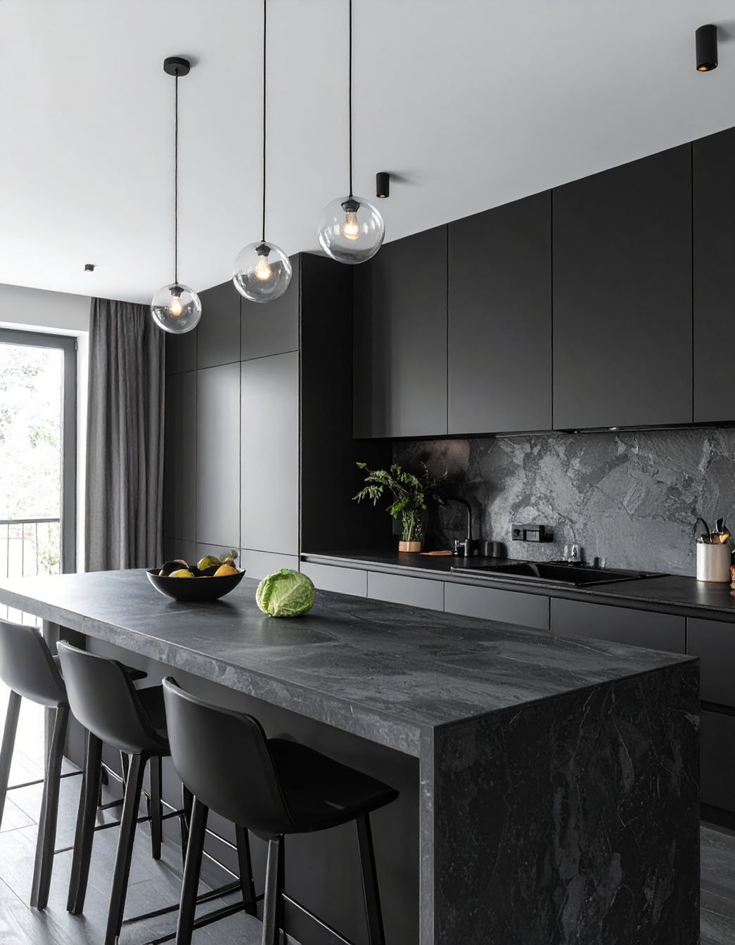 Cuisine noire minimaliste avec long îlot en granit noir et suspensions globes transparentes