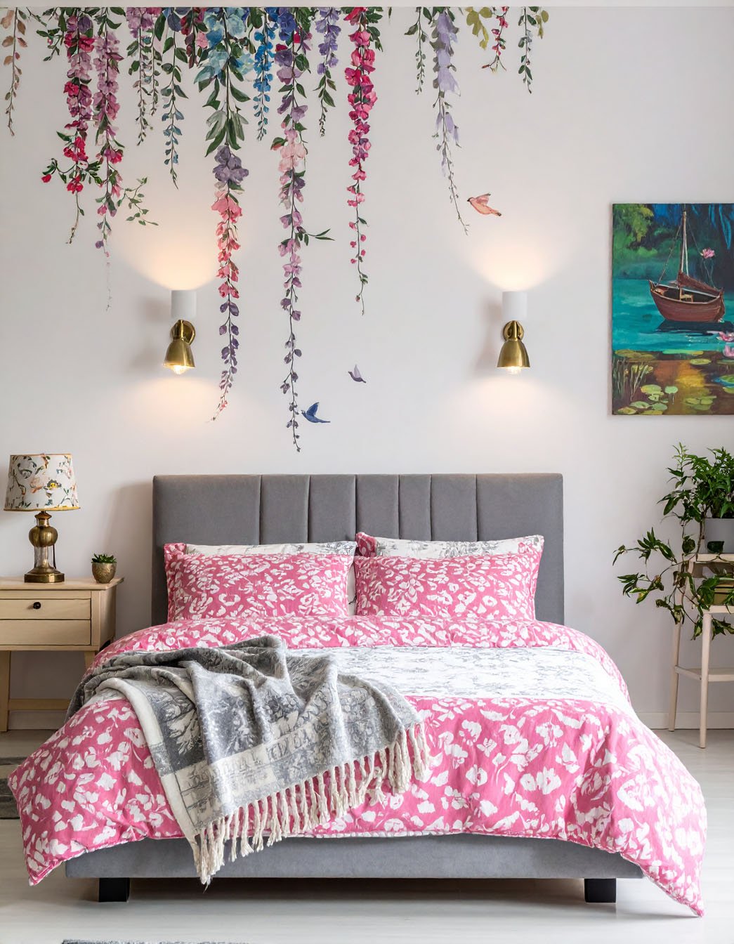 Chambre avec lit gris, parure rose à motifs floraux et sticker mural de glycines