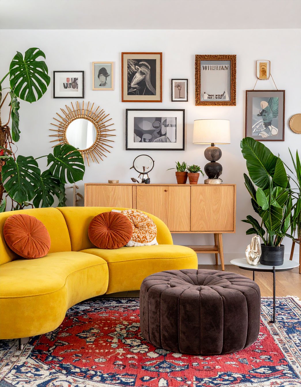 Salon éclectique avec canapé courbe jaune moutarde, pouf en velours marron et mur de cadres