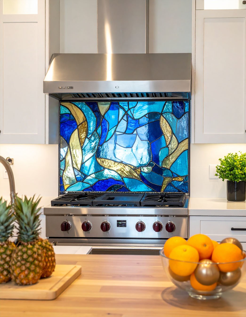 Cuisine avec crédence artistique en verre bleu et or, ananas et oranges au premier plan