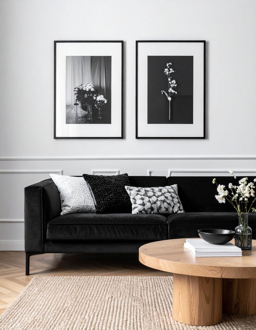 Salon avec canapé en velours noir, table basse en bois et photographies d'art en noir et blanc