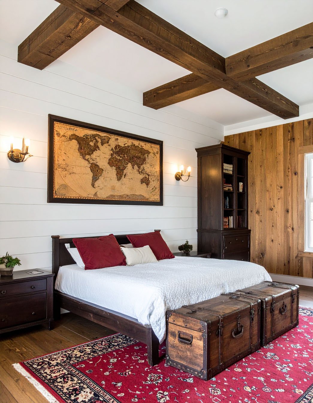 Chambre d'hôtel classique avec lit, tête de lit capitonnée, banc et bureau en bois