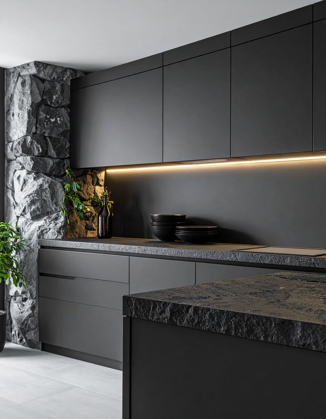 Cuisine noire minimaliste avec plans de travail effet pierre brute et mur en pierres apparentes