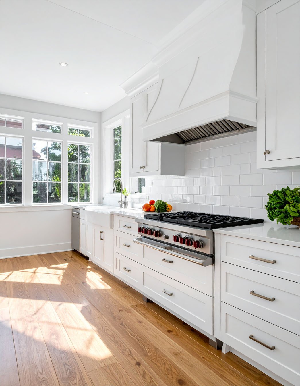 Cuisine blanche épurée avec carrelage métro, grandes fenêtres et parquet en bois clair