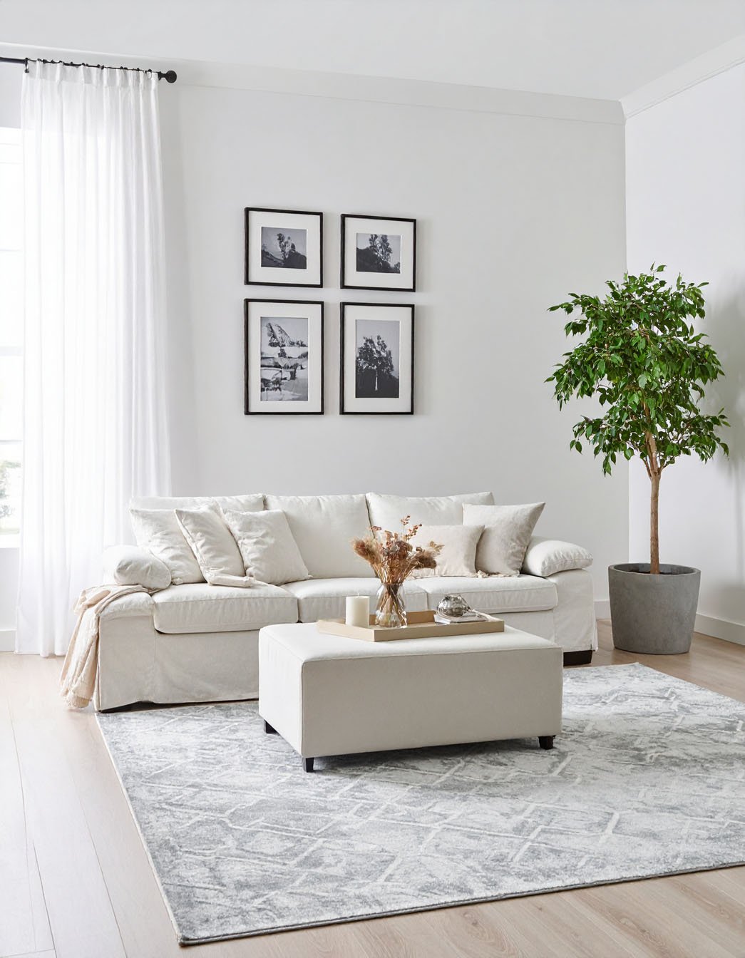 Salon lumineux avec canapé et pouf blancs, tapis graphique gris et plante en pot